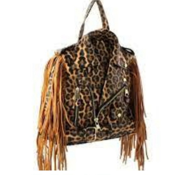 NWT Leopard Moto Jacket Fringe Backpack Handbag - Picture 2 of 8